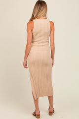 Beige Ribbed Side Slit Sleeveless Maternity Midi Dress