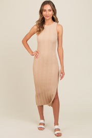 Beige Ribbed Side Slit Sleeveless Midi Dress