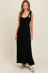 Black Sweetheart Neck Smocked Shoulder Tie Maxi Dress