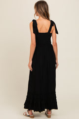 Black Sweetheart Neck Smocked Shoulder Tie Maxi Dress