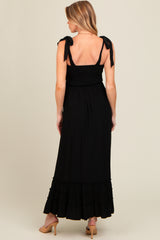 Black Sweetheart Neck Smocked Shoulder Tie Maternity Maxi Dress