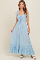 Light Blue Sweetheart Neck Smocked Shoulder Tie Maternity Maxi Dress