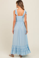 Light Blue Sweetheart Neck Smocked Shoulder Tie Maxi Dress