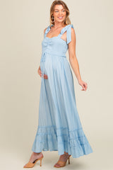 Light Blue Sweetheart Neck Smocked Shoulder Tie Maternity Maxi Dress