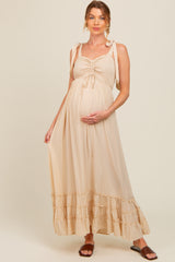 Beige Sweetheart Neck Smocked Shoulder Tie Maternity Maxi Dress