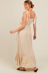 Beige Sweetheart Neck Smocked Shoulder Tie Maternity Maxi Dress