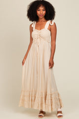 Beige Sweetheart Neck Smocked Shoulder Tie Maxi Dress