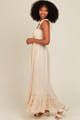 Beige Sweetheart Neck Smocked Shoulder Tie Maxi Dress