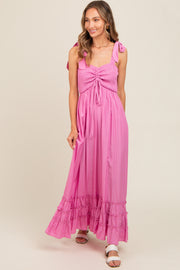 Pink Sweetheart Neck Smocked Shoulder Tie Maxi Dress