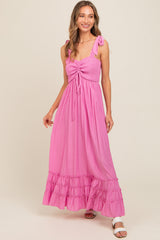 Pink Sweetheart Neck Smocked Shoulder Tie Maxi Dress