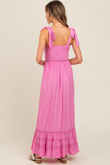 Pink Sweetheart Neck Smocked Shoulder Tie Maxi Dress