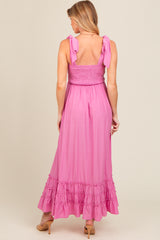 Pink Sweetheart Neck Smocked Shoulder Tie Maternity Maxi Dress