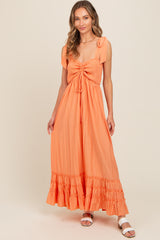 Orange Sweetheart Neck Smocked Shoulder Tie Maternity Maxi Dress