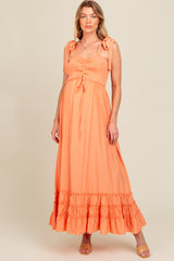 Orange Sweetheart Neck Smocked Shoulder Tie Maternity Maxi Dress