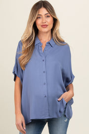 Blue Dolman Sleeve Button Down Maternity Blouse