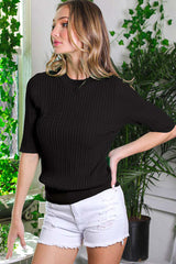 Black Cable Knit Short Sleeve Top