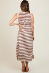 Mocha Striped Sleeveless Maternity Midi Dress