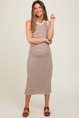 Mocha Striped Sleeveless Maternity Midi Dress