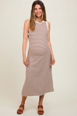 Mocha Striped Sleeveless Maternity Midi Dress