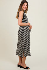 Black Striped Sleeveless Maternity Midi Dress