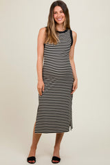 Black Striped Sleeveless Maternity Midi Dress