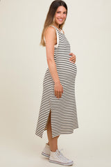 Cream Black Striped Sleeveless Maternity Midi Dress