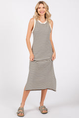 Cream Black Striped Sleeveless Midi Dress