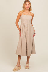 Taupe Sleeveless Button Down Maternity Midi Dress