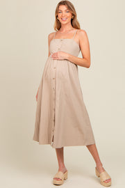 Taupe Sleeveless Button Down Maternity Midi Dress