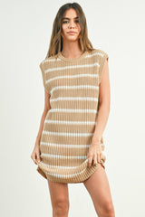 Taupe Striped Sweater Knit Sleeveless Dress