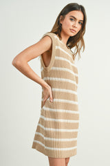 Taupe Striped Sweater Knit Sleeveless Dress