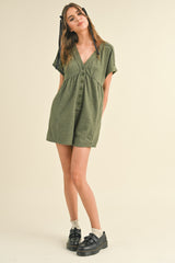 Olive Button Up Raw Hem Romper