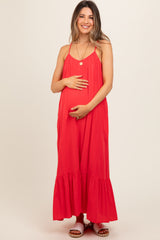 Red Crochet Lace Back Maternity Maxi Dress