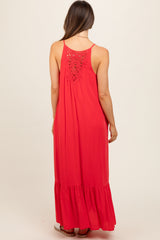 Red Crochet Lace Back Maternity Maxi Dress