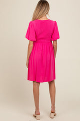 Fuchsia Linen Puff Sleeve Maternity Dress