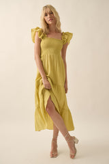 Key Lime Solid Square-Neck Smock-Bodice Midi Dress