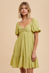 Light Olive U Notched Bubble Short Sleeve Maternity Dress