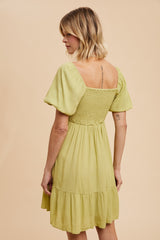 Light Olive U Notched Bubble Short Sleeve Dress