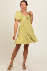 Light Olive U Notched Bubble Short Sleeve Maternity Dress