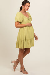 Light Olive U Notched Bubble Short Sleeve Maternity Dress