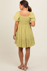 Light Olive U Notched Bubble Short Sleeve Maternity Dress