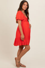 Red U Notched Bubble Short Sleeve Maternity Dress