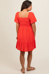 Red U Notched Bubble Short Sleeve Maternity Dress