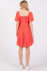 Red U Notched Bubble Short Sleeve Dress