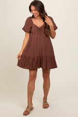 Brown U Notched Bubble Short Sleeve Maternity Dress