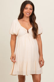 Cream U Notched Bubble Short Sleeve Maternity Dress