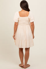 Cream U Notched Bubble Short Sleeve Maternity Dress