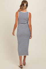 Navy Blue Sleeveless Round Neck Striped Rib Sweater Maternity Midi Dress