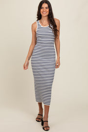 Navy Blue Sleeveless Round Neck Striped Rib Sweater Midi Dress