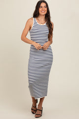 Navy Blue Sleeveless Round Neck Striped Rib Sweater Midi Dress